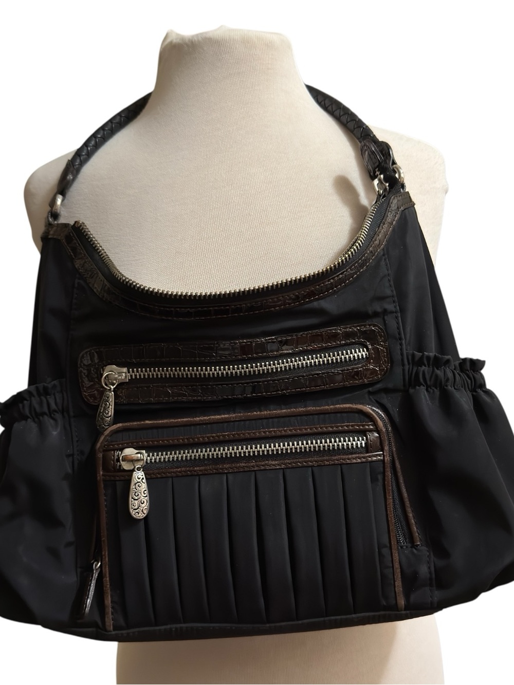 Brighton Black Nylon Brown Croc Leather Organizer Hobo Shoulder Bag